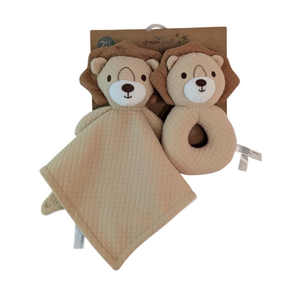 Dreamgro Buddy Blankie‎ Rattle Set Lion Lovey Brown Security Blanket Quilted NWT
